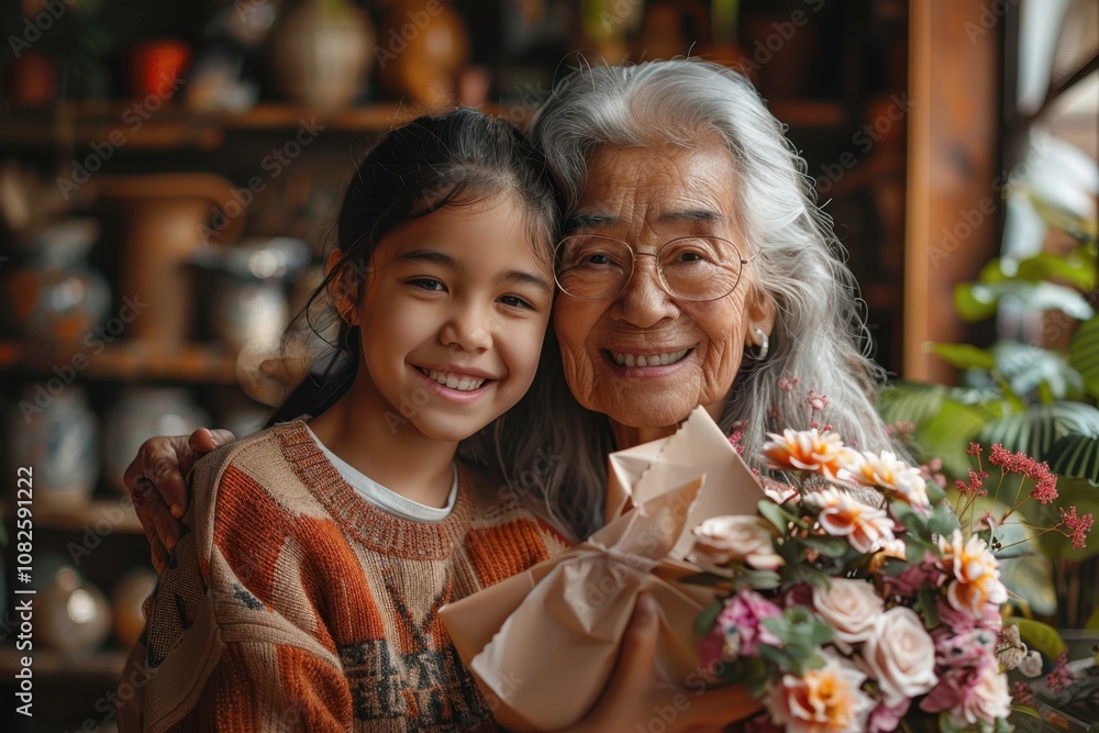 Obraz premium Grandmother Achievement Day Joyful generations: smiling grandchild and grandmother sharing a floral gift in a cozy setting