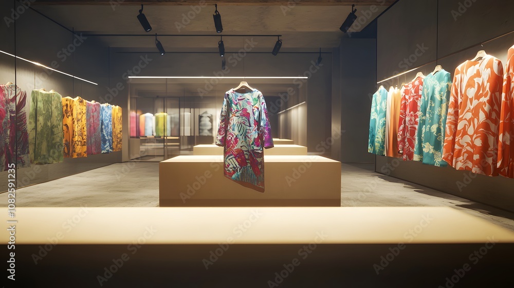 Fototapeta premium Explore the vibrant world of fashion with eye-catching floral patterns in a modern boutique setting