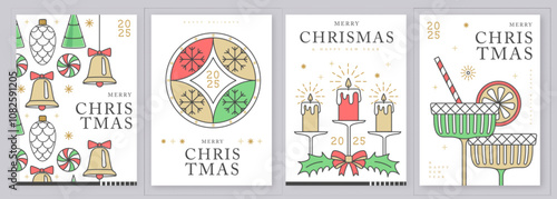 Set of modern line art Merry Christmas and Happy New Year greeting cards, covers or posters with holiday decoration. Christmas background. Vector illustration