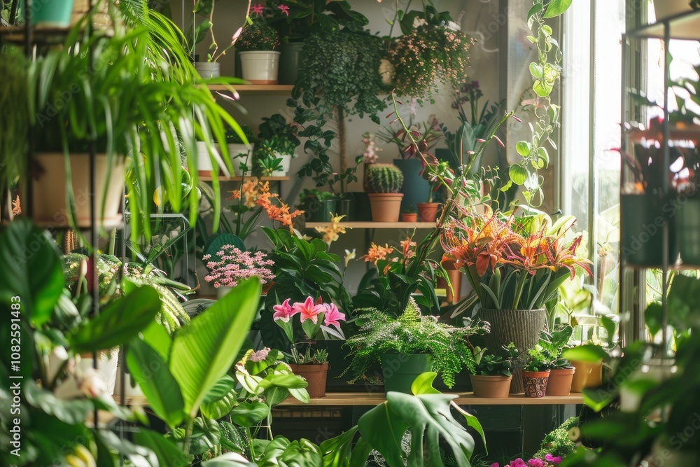 Variety of plants and flowers are displayed on shelves and in pots, creating a lush and inviting atmosphere inside a plant shop Variety of plants and flowers are displayed on shelves and in pots, creating a lush and inviting atmosphere inside a plant shop