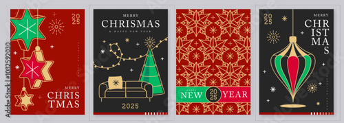 Set of modern line art Merry Christmas and Happy New Year greeting cards, covers or posters with holiday decoration. Christmas background. Vector illustration