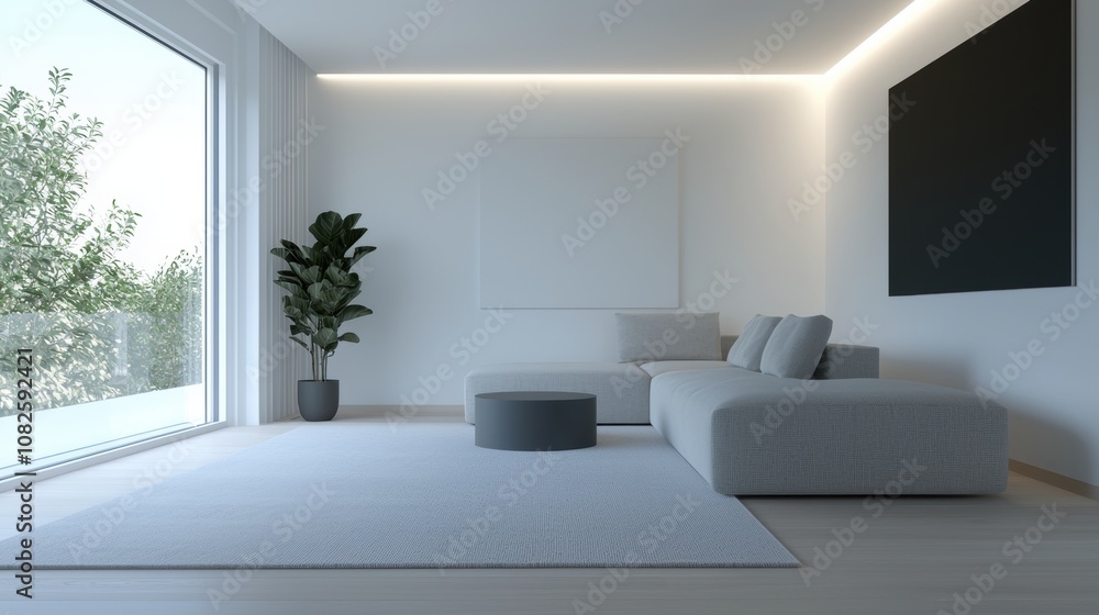 A living room with a couch, a coffee table, and a potted plant A living room with a couch, a coffee table, and a potted plant
