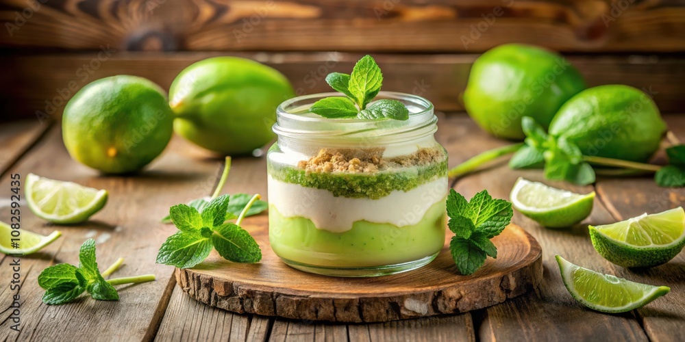 A refreshing dessert layered with creamy white, green, and crumbly goodness, topped with fresh mint, and surrounded by zesty lime slices, perfect for a summer treat A refreshing dessert layered with creamy white, green, and crumbly goodness, topped with fresh mint, and surrounded by zesty lime slices, perfect for a summer treat