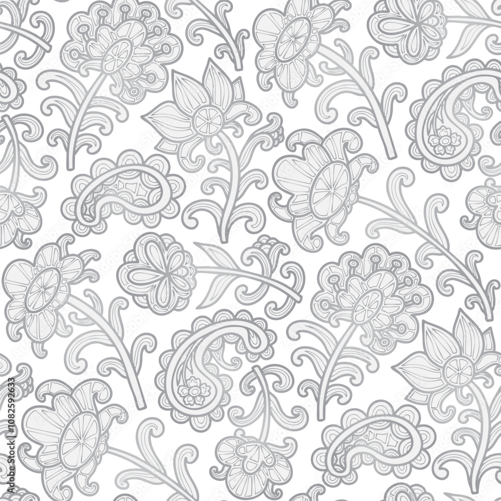 Fototapeta premium Swirl flowers, paisley grey pattern, white background. Seamless floral pattern-493.