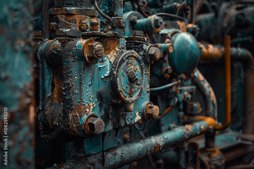 Close up of an old rusted machine with peeling paint, highlighting the effects of time and wear Close up of an old rusted machine with peeling paint, highlighting the effects of time and wear