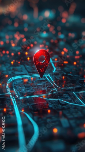 Red location pin on a digitally rendered city map with glowing pathways. photo