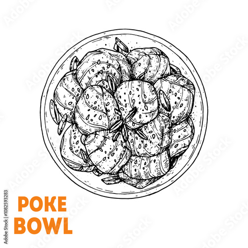 Poke Bowl sketch. Hawaiian Food vector illustration. Poke bowl dish. Food menu design element. Hand drawn sketch. Vintage style.