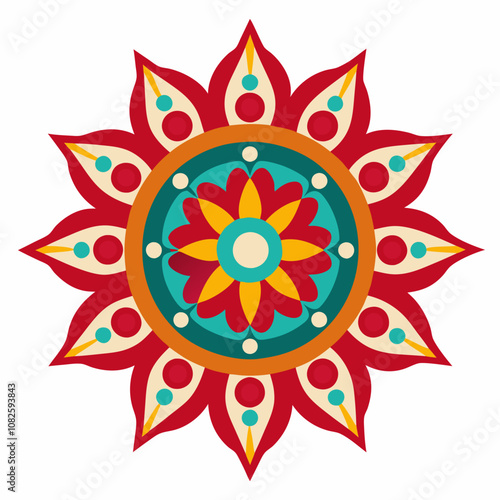 Colorful Mandala Design with Floral Patterns and Symmetrical Geometry