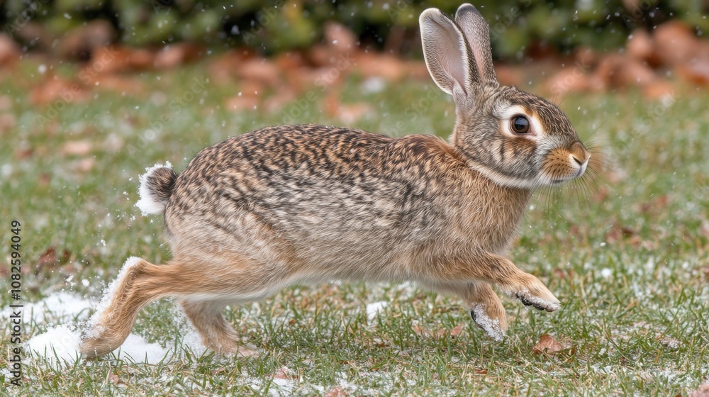 Naklejka premium Snowy Scene with a Rabbit in Motion