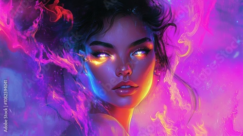 A digital illustration of a woman with glowing eyes surrounded by colorful smoke.