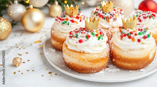 Traditional Rosca de Reyes, or Three Kings Cake, topped with colorful candied fruit and sprinkles, celebrating Epiphany with vibrant decoration and sweet flavors.