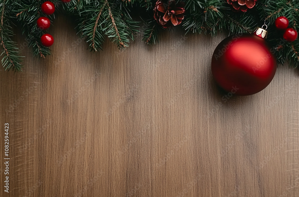 A red Christmas ornament hangs from a pine bough with red berries against a wooden background