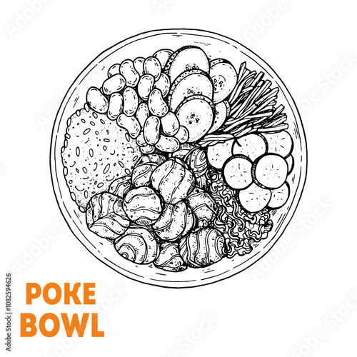 Poke Bowl sketch. Hawaiian Food vector illustration. Poke bowl dish. Food menu design element. Hand drawn sketch. Vintage style.