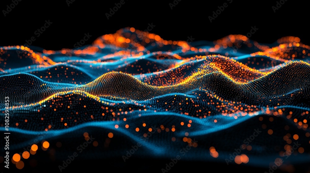 Big data with compounds. Musical wave of particles. Low poly mesh. Flow and wave. 3D rendering. Abstract digital background with cybernetic particles. Big data with compounds. Musical wave of particles. Low poly mesh. Flow and wave. 3D rendering. Abstract digital background with cybernetic particles.
