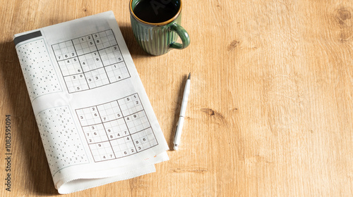crossword paper with pen and coffee cup