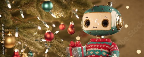 Cute robot with a Christmas sweater, holding a gift under a beautifully decorated tree with baubles