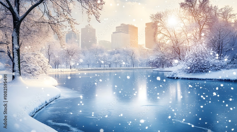 Beautiful natural landscape of a snowy city park with snow-covered trees and frozen pond on bright winter day Beautiful natural landscape of a snowy city park with snow-covered trees and frozen pond on bright winter day