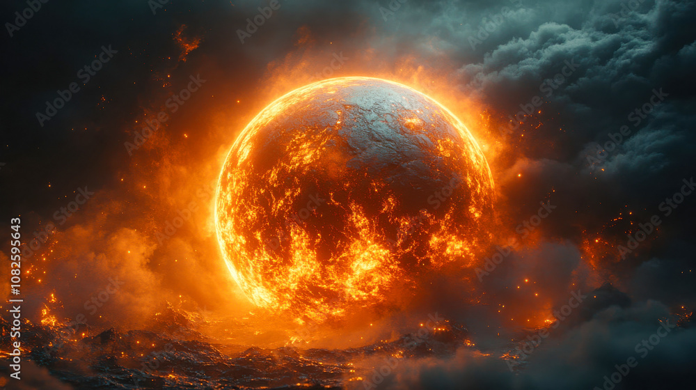 A close-up of a glowing, fiery planet amidst cosmic clouds, symbolizing energy, heat, and the raw power of outer space A close-up of a glowing, fiery planet amidst cosmic clouds, symbolizing energy, heat, and the raw power of outer space