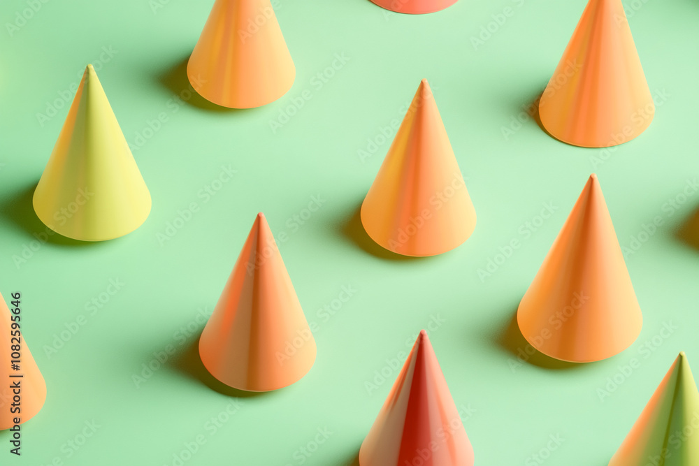 Colorful party hats are arranged on a green background, creating a visually appealing pattern Colorful party hats are arranged on a green background, creating a visually appealing pattern