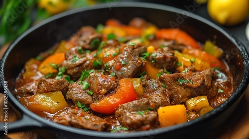 Close-up of savory beef stew with bell peppers in a cast iron skillet.