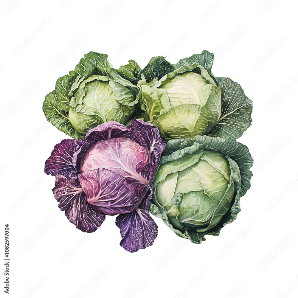 Obraz premium A variety of cabbages, including green, purple, and Napa. 