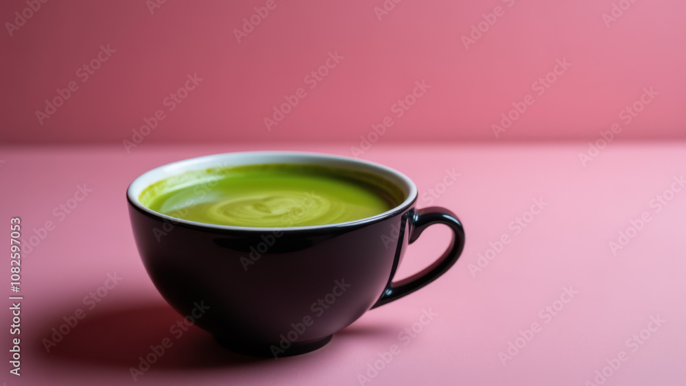 A cup of warm green tea on a light pink surface.