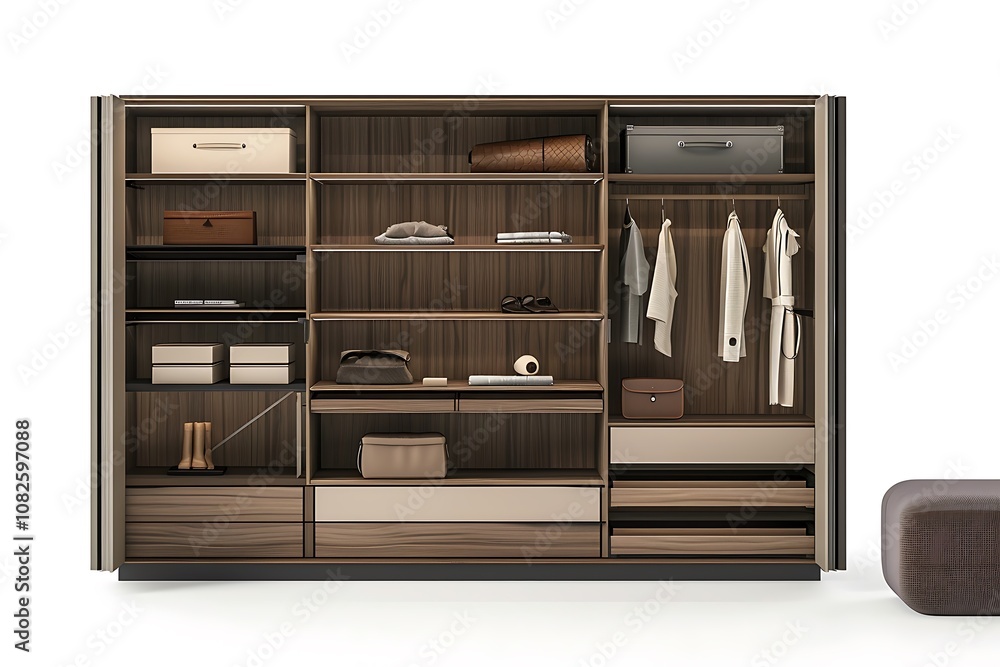 Modern Interior Storage Unit with Open Shelves, Drawers, and Clothing Hangers Featuring Stylish Organization for Contemporary Home Decor Modern Interior Storage Unit with Open Shelves, Drawers, and Clothing Hangers Featuring Stylish Organization for Contemporary Home Decor