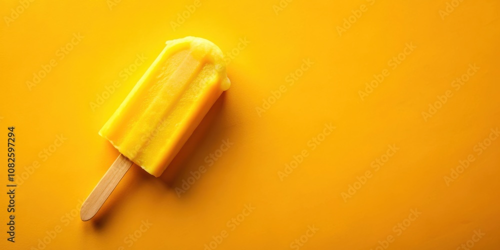 A partially melted yellow popsicle with a wooden stick rests on a vibrant yellow background, a simple yet refreshing image representing summertime treats. A partially melted yellow popsicle with a wooden stick rests on a vibrant yellow background, a simple yet refreshing image representing summertime treats.