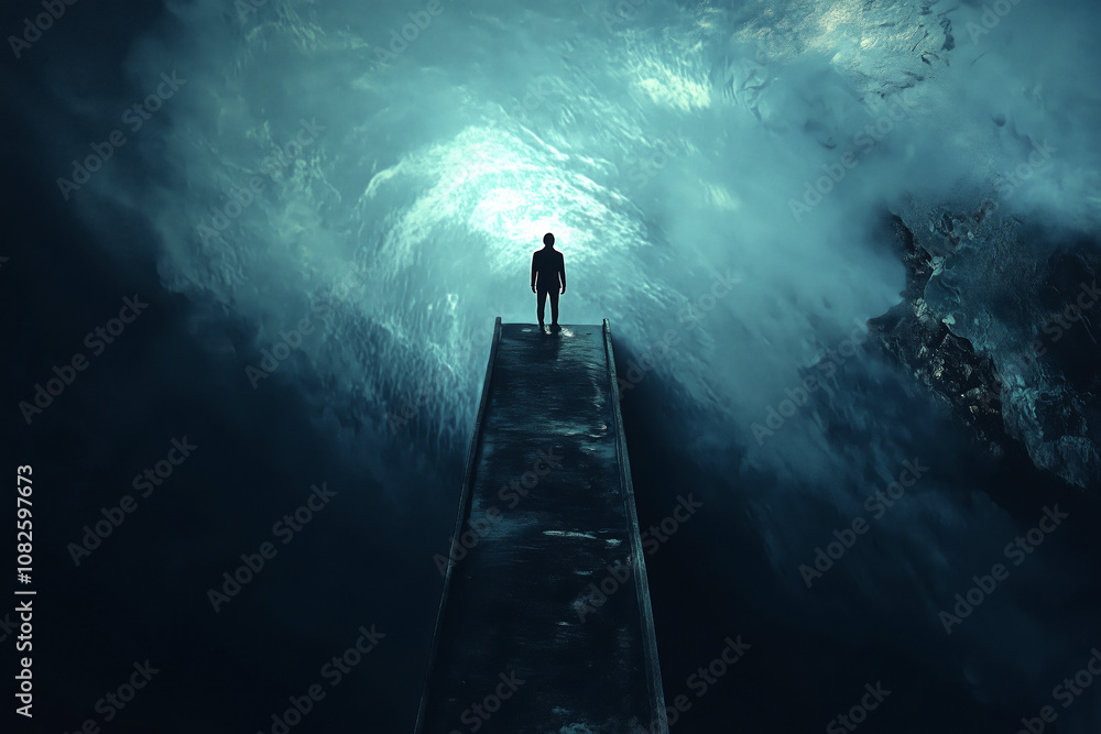 A figure standing on a high bridge, staring down into the dark water below, symbolizing the depths of depression and thoughts of escape. A figure standing on a high bridge, staring down into the dark water below, symbolizing the depths of depression and thoughts of escape.