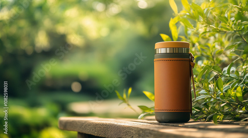 Thermos bottle with a leather sleeve, set on a rustic wooden bench, outdoor setting with soft greenery in the background, warm light, showcasing style and functionality for on-the-go use 