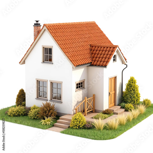 Bild auf Leinwand 3D rendering of a small, two-story house with a sloping roof
