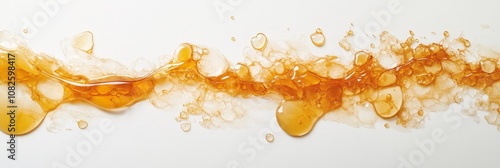 A golden stream of honey flows across a pristine white background, creating a beautiful abstract pattern. The honey's texture and light shimmer are captured in this image, highlighting the sweet subst photo