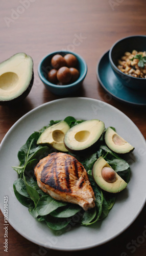 Grilled chicken breast served on a bed of spinach with avocado slices and boiled eggs