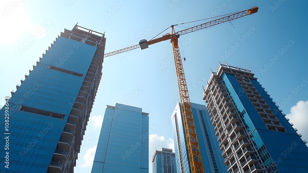 Fototapeta premium Skyscrapers and cranes symbolize urban growth and modern architectural innovation in todays evolving world