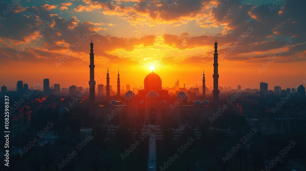A majestic mosque with minarets silhouetted against a fiery sunset, with the city skyline in the background. A majestic mosque with minarets silhouetted against a fiery sunset, with the city skyline in the background.