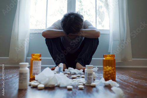 A person sitting on the floor, head buried in their knees, surrounded by empty pill bottles and crumpled tissues, capturing a sense of emotional exhaustion. photo