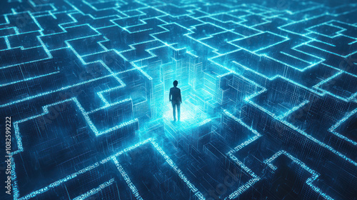 A lone figure navigating a glowing neon maze in a cyber landscape, illuminated pathways extending endlessly in a digital world of virtual exploration. photo