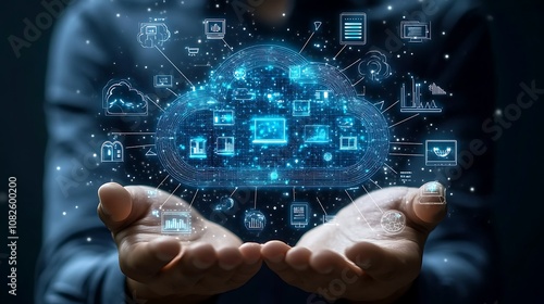 An AI-powered hologram cloud system surrounded by icons