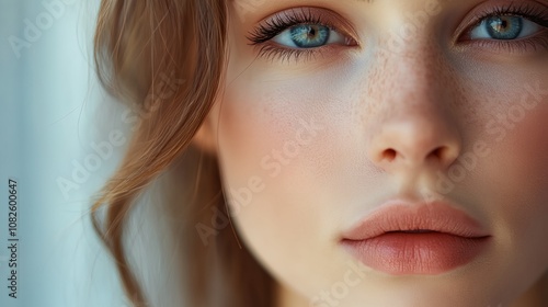 A woman with blue eyes and a pinkish tint to her lips