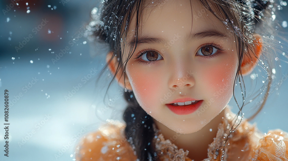 Close-up portrait of a young girl with sparkling eyes and rosy cheeks, surrounded by falling snowflakes, radiating innocence and joy Close-up portrait of a young girl with sparkling eyes and rosy cheeks, surrounded by falling snowflakes, radiating innocence and joy