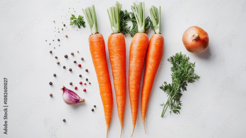 Fresh carrots, vegetables, and spices arranged on a white surface. Fresh carrots, vegetables, and spices arranged on a white surface.