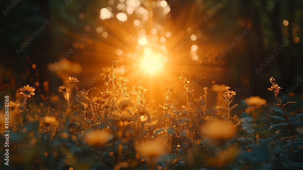 a field of flowers with the sun shining through the trees in the background a field of flowers with the sun shining through the trees in the background