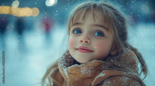 Young girl in a winter coat, smiling softly while surrounded by delicate snowfall, evoking warmth and nostalgia in a winter setting photo