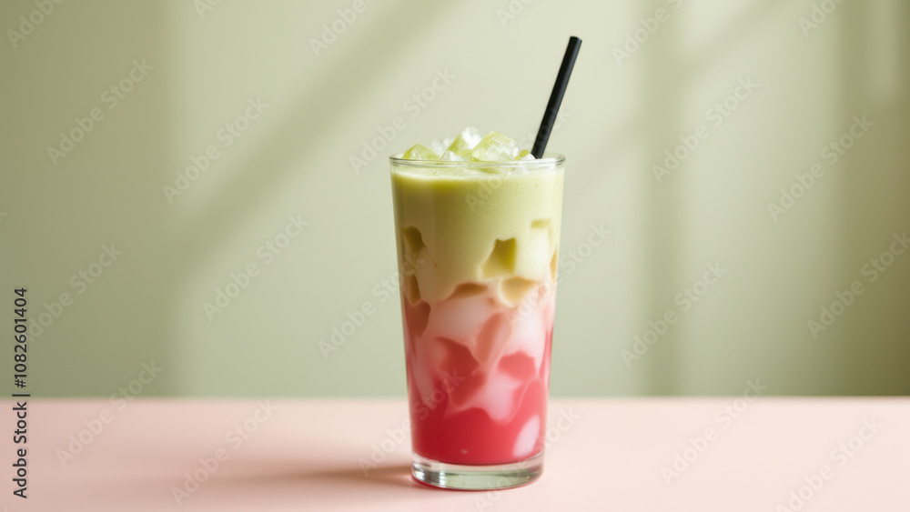 A refreshing pink matcha drink with a hint of strawberry foam, served on a soft pastel-colored surface. A refreshing pink matcha drink with a hint of strawberry foam, served on a soft pastel-colored surface.
