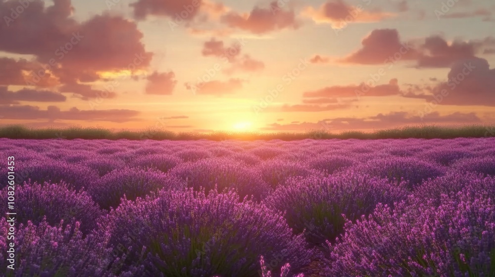 Serene Lavender Field at Sunset with Colorful Sky Serene Lavender Field at Sunset with Colorful Sky