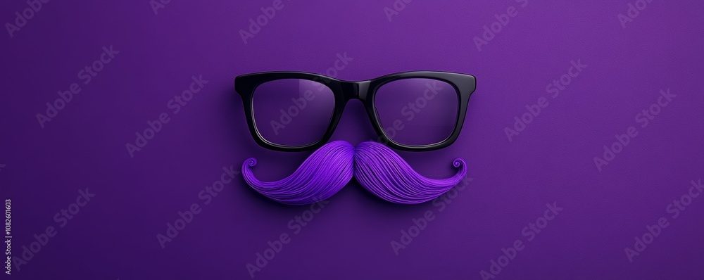 Nerd eyeglasses and purple mustache creating a funny face on purple background Nerd eyeglasses and purple mustache creating a funny face on purple background