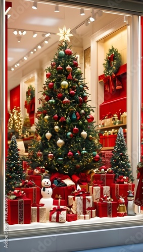 Christmas themed window display, department store, photorealistic style.