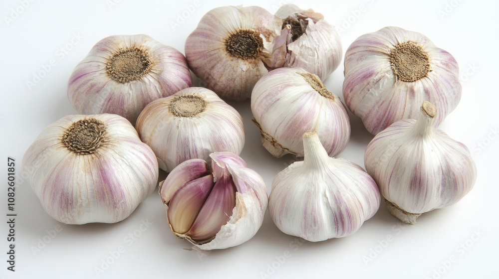 Fresh garlic cloves and fragrant herbs sit on a white surface, viewed from above. Fresh garlic cloves and fragrant herbs sit on a white surface, viewed from above.