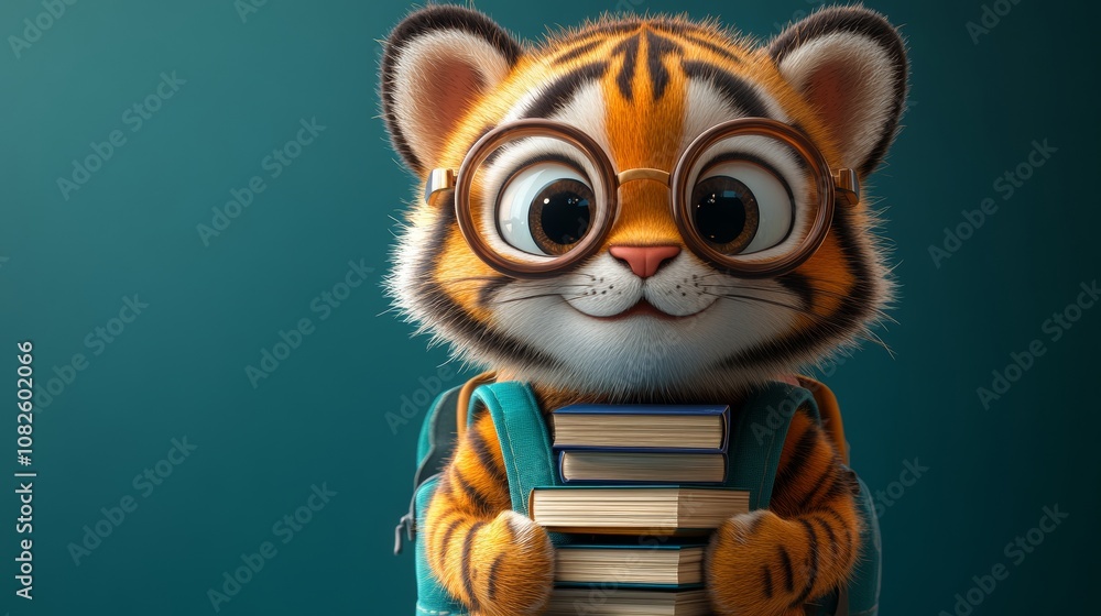 Smiling tiger cub carrying books and wearing backpack and glasses Smiling tiger cub carrying books and wearing backpack and glasses