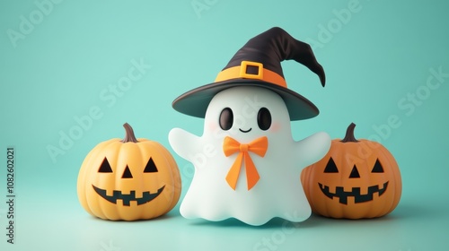 Friendly ghost wearing witch hat with halloween pumpkins on turquoise background